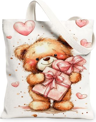 Generic Cute Bear Canvas Tote Bag, Adorable Love Hearts Pattern Reusable Grocery Bags, Vintage Lightweight Washable Shoulder Strap, White, 13x15 Inch