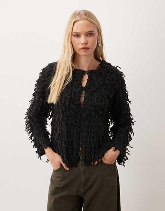 Vila cardigan premium con frange esagerate nero