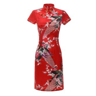 ACVIP Womens Peacock Flower Print Short Sleeve Qipao Chinese Traditional Dress Above Knee Length (UK 16/Chinese 4XL, Red)