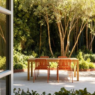 Tikamoon Conjunto de jard&iacute;n de teca maciza y metal naranja 4 sillas