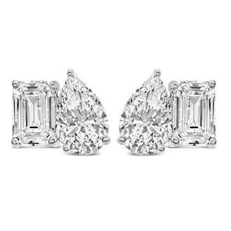 House of Brilliance 14K Gold 2.0 Cttw Emerald and Pear Toi et Moi Lab Grown Diamond Stud Earrings in White at Nordstrom