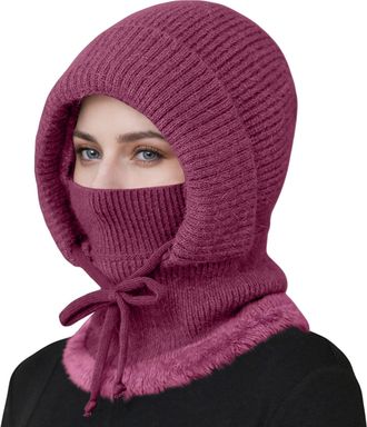 Generic Beanie Hats for Women with Neck Warmer, Thermal Face Mask, Slouch Ajustable Knit Ladies Winter Hats Hairball, Warm Knitted Cap with Warm Fleece Linnin