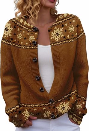 Generic Cardigans for Women UK Vintage Fairisle Jumpers for Women Lightweight Open Front Cardigan Casual Long Sleeve Button Down Sweaters Winter Warm Knitted 