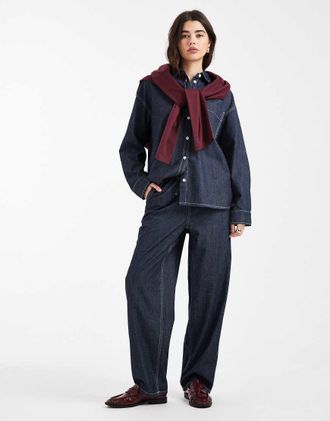 Object Gina - Jeans bombati allacciati in vita in denim risciacquato in coordinato-Blu navy