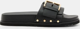 AllSaints Womens Leather Ellie Studded Buckle Leather Sliders, Size: UK 7/US 10/EU 40