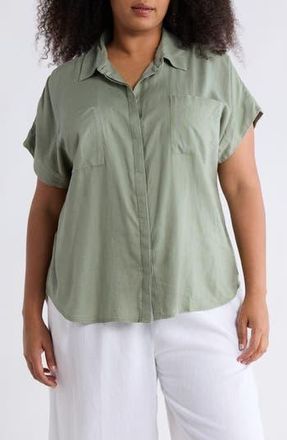 Caslon Double Pocket Linen Blend Camp Shirt in Green Hedge at Nordstrom Rack, Size 2X