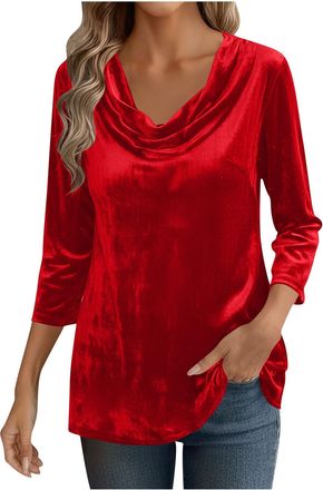 Generic Velvet Top for Women UK 3/4 Sleeve Drape Ruched Front Blouses Cowl Neck T Shirts Ladies Casual Slim Fit Sweatshirts Baggy Dressy Tunic Tops Lightweigh