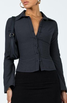 Princess Polly Anni Pinstripe Button-Up Shirt in Black at Nordstrom, Size 10