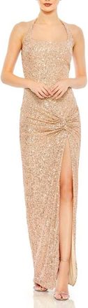 Mac Duggal Square Sequin Halter Strap With Low Side Knot Detail Evening Gown in Rose Gold at Nordstrom, Size 10