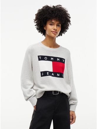 Tommy Hilfiger Womens Tommy Jeans Intarsia Flag Logo Sweater - Ice Grey Heather - XS