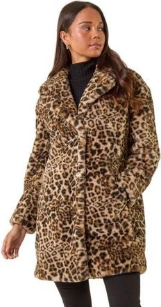 Roman Womens Petite Leopard Fur Coat - Brown - Size 12 UK