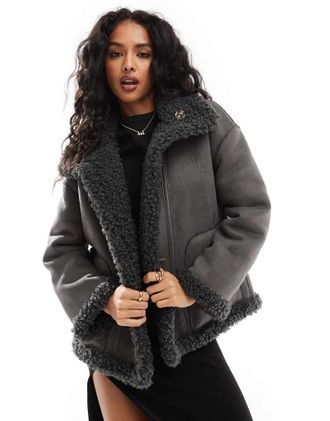 Object Giubbotto stile aviatore double-face in camoscio e montone sintetico grigio scuro