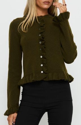 Princess Polly Inclination Ruffle Cardigan in Moss at Nordstrom, Size 8