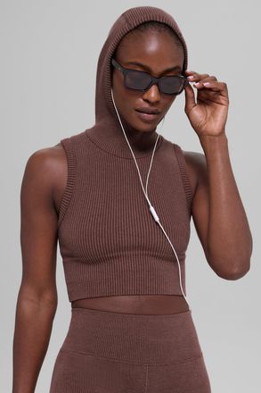 Alo | Seamless Two Tone Rib Hooded Vest in Brownstone Heather, Size: Medium