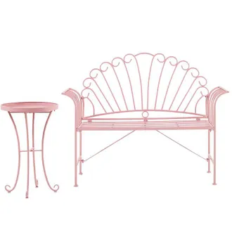Beliani Conjunto Para Exterior De Mesa Auxiliar Y Banco Con Apoyabrazos Acampanados 2 Plazas De Metal Rosa Estilo Vintage Cavinia