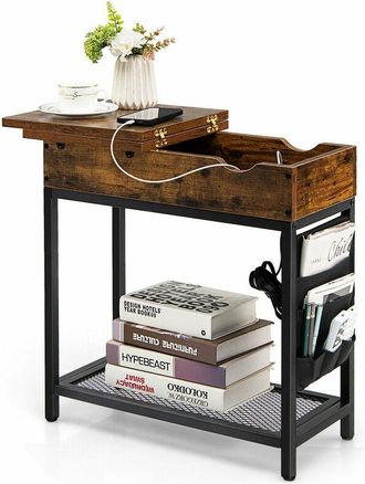 Costway 2-Tier Side Table End Table w/USB Ports & Flip Top Narrow Nightstand for Bedroom