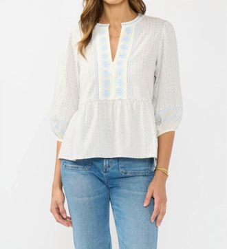 Lovestitch 3/4 Sleeve Split Neck Embroidered Top In Light Blue/cream