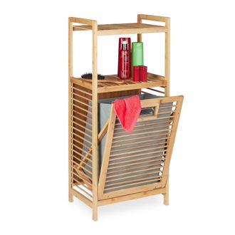 Relaxdays Estanter&iacute;a Ba&ntilde;o Cesto Colada, 2 Baldas, Colector Ropa Inclinable, Bamb&uacute; Y Tela, 95 X 40 X 30 Cm, Natural Gris - Relaxdays