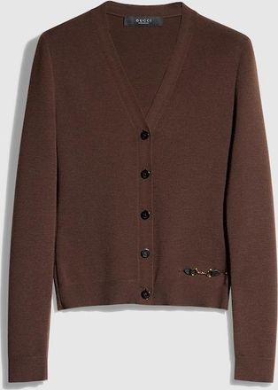 Gucci Fine Rib Knit Wool Cardigan With Horsebit, Brown