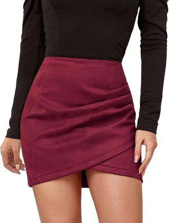 Generic Ladies High Waist Bodycon Skirt A Line Short Skirt Party Club-Faux Suede Skirts Tropical Holiday Beach Skinny Mini Skirts Hip-Hugging Ruched Dresses f