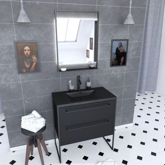 Aurlane Mueble De Ba&ntilde;o 80x50 - 2 Cajones Negro Mate - Lavabo De Resina Efecto Piedra + Espejo