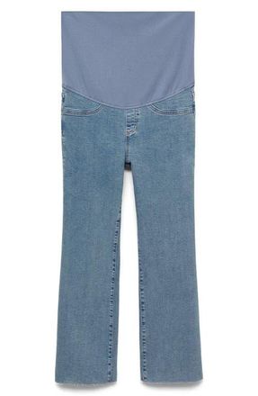 Mango Over the Bump Raw Hem Crop Flare Maternity Jeans in Medium Blue at Nordstrom, Size 10