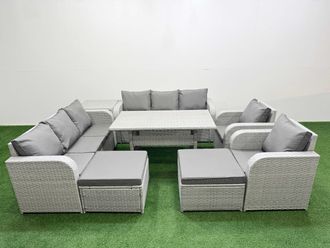 Fimous PE Rattan High Back Lounge Sofa Set Patio Rectangular Dining Table & Chairs Set w/ 3 Seater Sofa Reclining Chair 2 Big Footstool Side Table