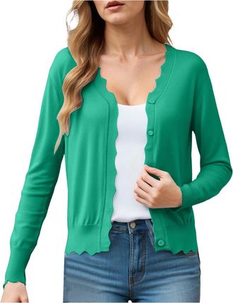 Generic Womens Cardigan Knitted Jumpers V-Neck Long Sleeve Button Down Ladies Loose Lightweight Soft Casual Scalloped Edges Cardigans for Spring Summer Green
