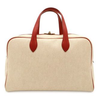 Herm&egrave;s Beige Red Color Toile H Leather Boston Bag (Pre-Owned)