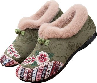 Generic Womens Warm Floral Embroidered Winter Shoes,Warms Fur Lined Floral Embroidereds Ankle Bootie,Womens Winter Ankle Boots Embroidered Shoes,Women Warm Wi