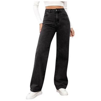Generic Wide Leg Jeans for Women UK Elasticated High Waist Flare Denim Trousers Baggy Stretch Straight Leg Jeans Loosefit Y2K Slim Fit Boyfriend Denim Pants J