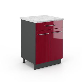 Vicco Mueble Bajo De Cocina Fame-line, Rojo Burdeos Alto Brillo, 60 Cm Con Caj&oacute;n, Et M&aacute;rmol Vicco