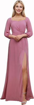 Ever-pretty Bridesmaid Dress Off-Shoulder Long Lantern Sleeves High Split Chiffon Wedding Guest Dress Orchid 12UK