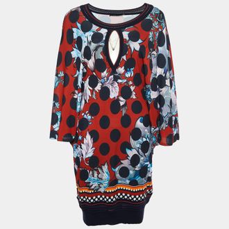 Roberto Cavalli Red Floral Printed Jersey & Knit Trim Mini Dress