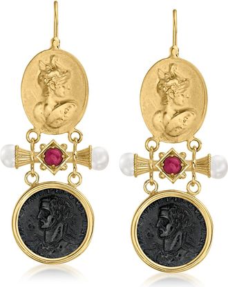 Ross-Simons Italian Tagliamonte Black Onyx and. Ruby Drop Earrings With Cultured Pearls in 18kt Gold Over Sterling