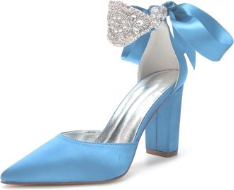 Generic Wedding Shoes Women Shoes High Heels Satin Bridal Shoes Block Heels Wedding Closed Pointed Toe Evening Pump Shoes 9Cm,Sky Blue,10 UK
