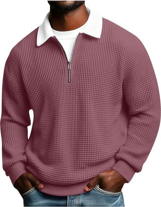Generic Mens Waffle Knit Polo Shirts Long Sleeve Sweatshirt for Men UK Quarter-Zip Polo Neck Jumper Fashion Contrast Collar Sweatshirts Oversized Fit Soft Tex