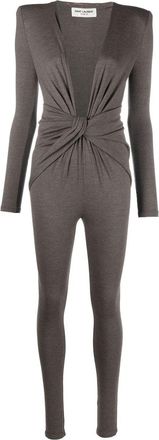 Saint Laurent twist-detail V-neck jumpsuit - women - Viscose/Wool - 2 - Brown