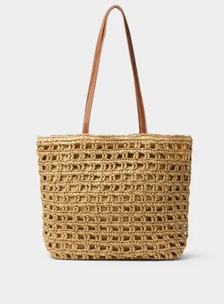 Simons Womens Faux-leather handle crocheted straw tote bag