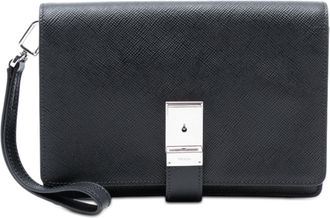 Prada Pre-owned Womens Saffiano Flap Clutch - Black Leather - One Size