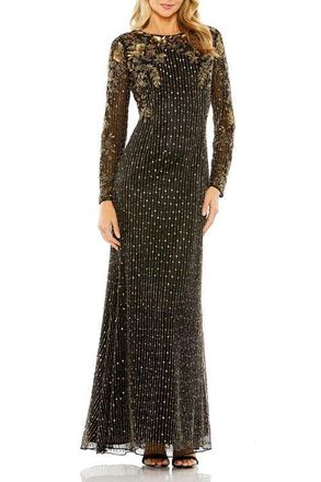 Mac Duggal High Neck Long Sleeve Embellished Gown in Black Gold at Nordstrom, Size 10