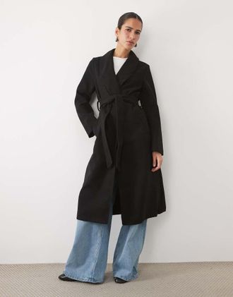 New Look cappotto lungo con cintura nero