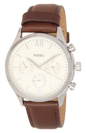 Fossil Fenmore Multifunction Leather Strap Watch, 44mm in Silver at Nordstrom Rack