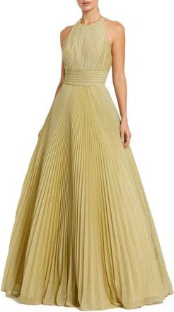 Mac Duggal Shimmering Pleated High Neck Open Back Gown in Gold at Nordstrom, Size 12