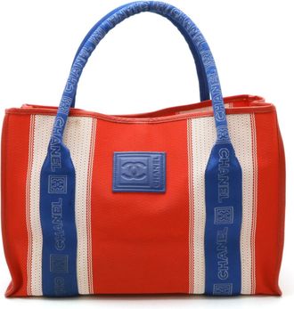 Chanel Blue Red Color White Nylon Canvas Leather Shoulder Bag Tote Bag (Pre-Owned)
