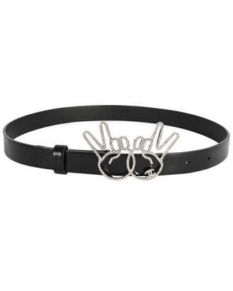 Chanel Black Calfskin Crystal Peace Sign Emoji Belt, Size 65/26 (Authentic Pre-Loved)