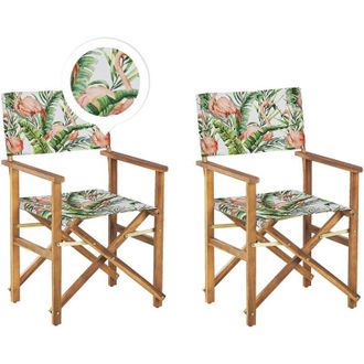 Beliani Beliani - Set of 2 Garden Chairs Light Acacia Wood Grey Flamingo Pattern Folding Cine