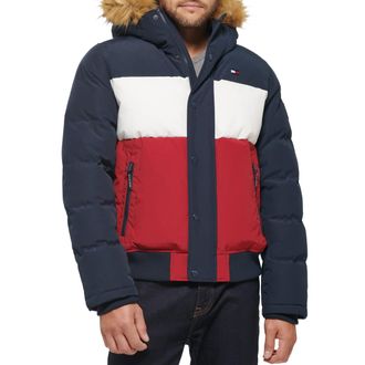 Tommy Hilfiger Mens Quilted Arctic Cloth Snap Front Snorkel Bomber Jacket Parka, Midnight/Ice/Red, L