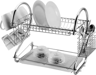 Trade Shop Trade Shop - Escurridor De Platos De Metal Cromado De 2 Niveles Con Bandeja De Goteo Y Soporte Para Cubiertos