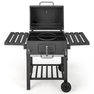 Costway Costway Camping Charcoal Grill BBQ Smoker Combo w/2 Wheels & 2 Foldable Side Tables in Black